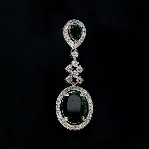 Oval Shaped Diamond Danglers - Green Stoned Earrings - American Diamond Jewellery