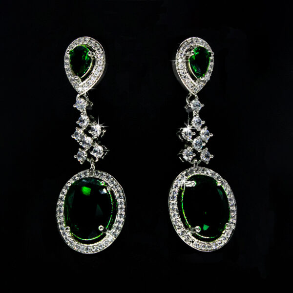 Oval Shaped Diamond Danglers - Green Stoned Earrings - American Diamond Jewellery