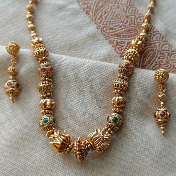 Antique Matte Finish Kemp Green and Red Stone Necklace Set - Copper and Brass - Gold Plated Necklace and Earring Set