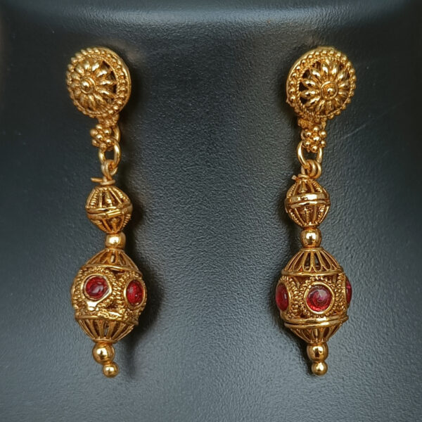 Antique Matte Finish Kemp Green and Red Stone Necklace Set - Copper and Brass - Gold Plated Necklace and Earring Set