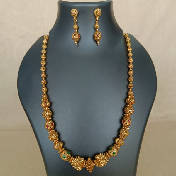 Antique Matte Finish Kemp Green and Red Stone Necklace Set - Copper and Brass - Gold Plated Necklace and Earring Set