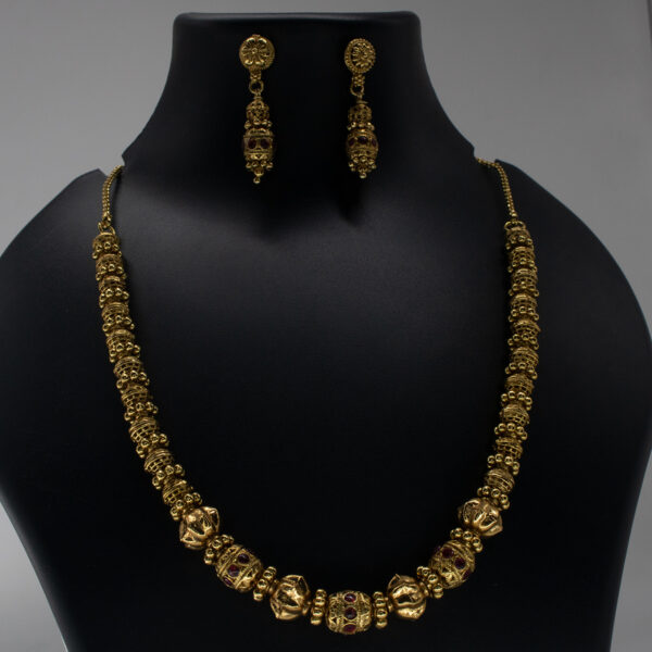 Antique Matte Finish Kemp Green and Red Stone Necklace Set - Copper and Brass - Gold Plated Necklace and Earring Set