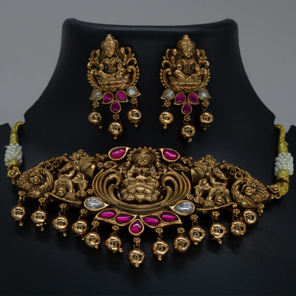 Antique Ruby Embellished Lakshmi Antique Copper Choker Set - Copper Choker Set - Premium First Copy Copper Necklace and Earring Set