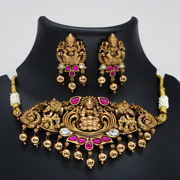 Antique Ruby Embellished Lakshmi Antique Copper Choker Set - Copper Choker Set - Premium First Copy Copper Necklace and Earring Set
