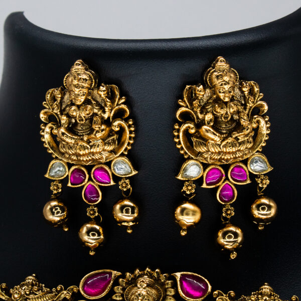 Antique Ruby Embellished Lakshmi Antique Copper Choker Set - Copper Choker Set - Premium First Copy Copper Necklace and Earring Set