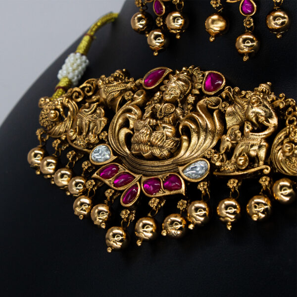 Antique Ruby Embellished Lakshmi Antique Copper Choker Set - Copper Choker Set - Premium First Copy Copper Necklace and Earring Set