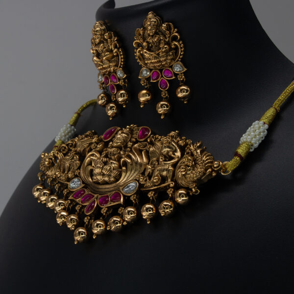 Antique Ruby Embellished Lakshmi Antique Copper Choker Set - Copper Choker Set - Premium First Copy Copper Necklace and Earring Set