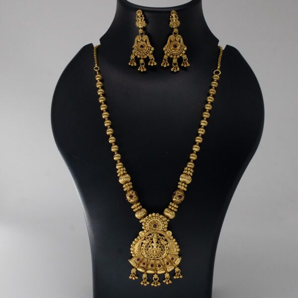 Antique Ruby Embellished Lakshmi Jewellery Set -Copper and Brass - Gold Plated Antique Necklace and Earring Set