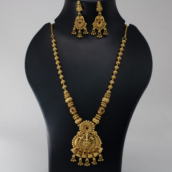 Antique Ruby Embellished Lakshmi Jewellery Set -Copper and Brass - Gold Plated Antique Necklace and Earring Set