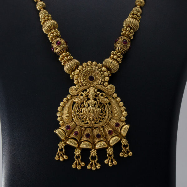 Antique Ruby Embellished Lakshmi Jewellery Set -Copper and Brass - Gold Plated Antique Necklace and Earring Set