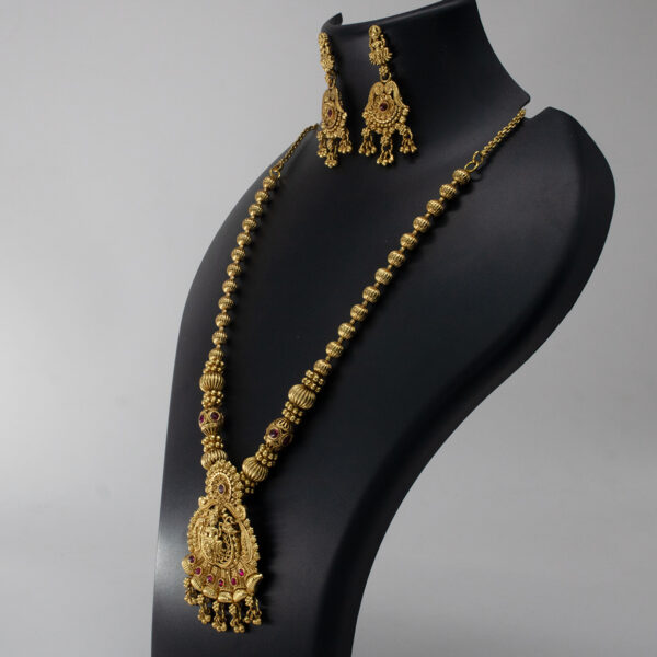 Antique Ruby Embellished Lakshmi Jewellery Set -Copper and Brass - Gold Plated Antique Necklace and Earring Set